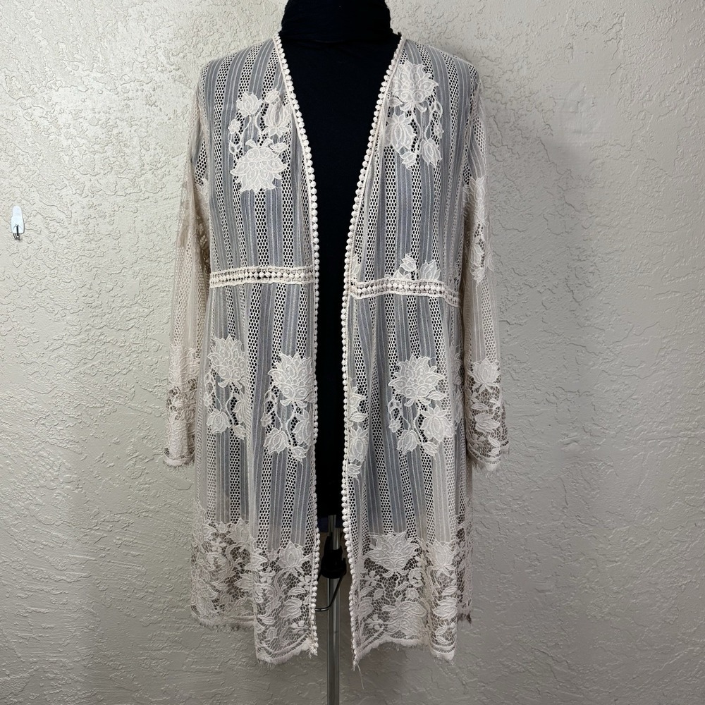 Miss Chevious Sheer Lace Kimono Cardigan Beige Size XL Western Boho Festival
